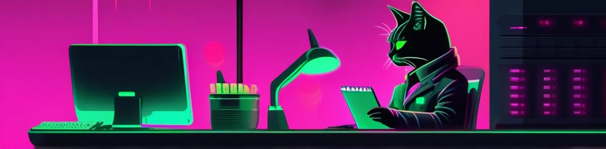 Cyberpunk newsroom desk with a cat reporter typing under neon lights